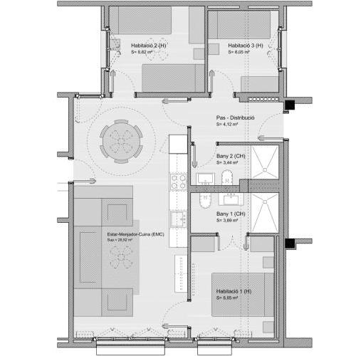 El Centre, 3 habitacions, 2 banys i cuina